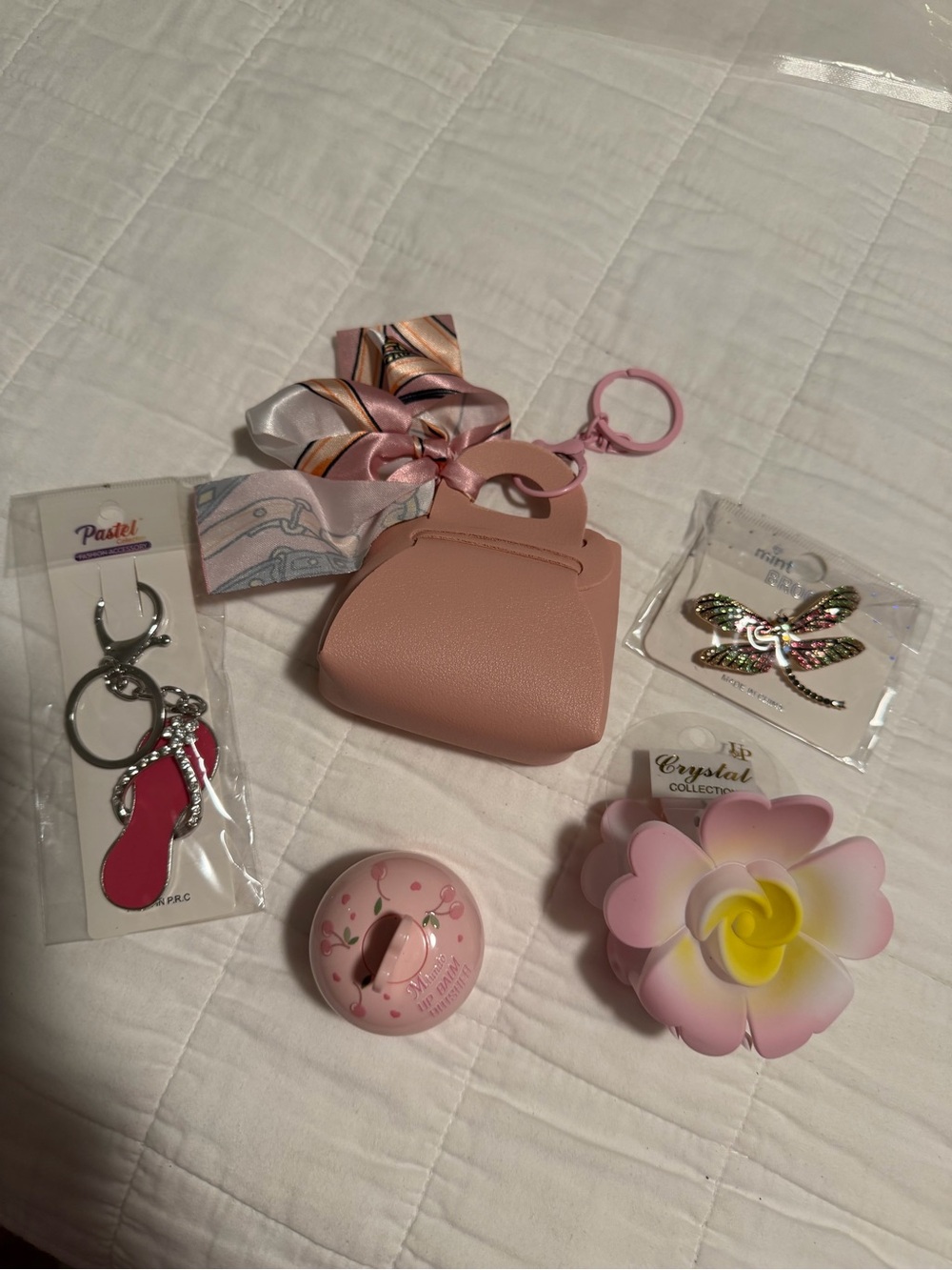 Pink Girly Accessory Gift Bundle – Keychains, Brooch, Claw Clip & Lip Balm